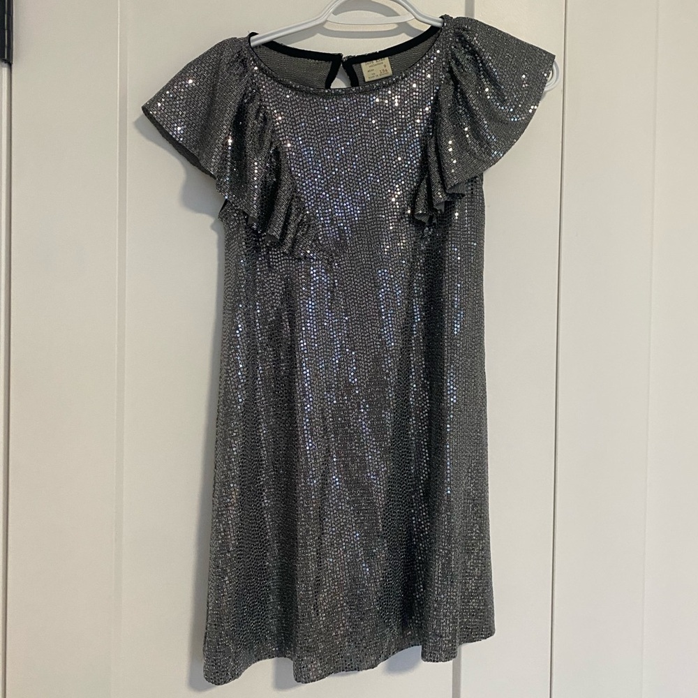 Zara Girls Silver Party Dress sparkly Ruffle Sleeve Kids Size 9